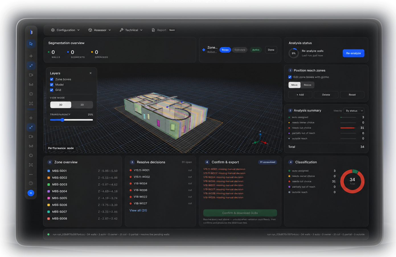 The Lamina dashboard — segmentation overview, reach zones, evaluation and export for a printed building